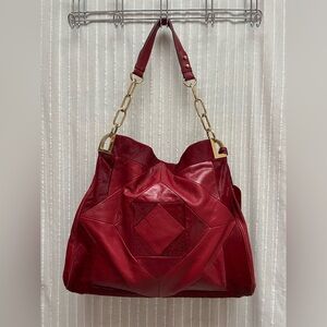 Badgley Mischka Vintage Red pony hair Patchwork Leather Hobo Bag